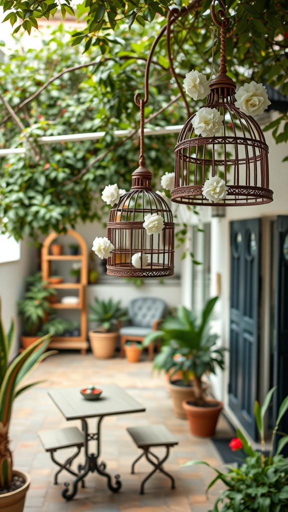 Decorative birdcages hanging in a lush patio setting