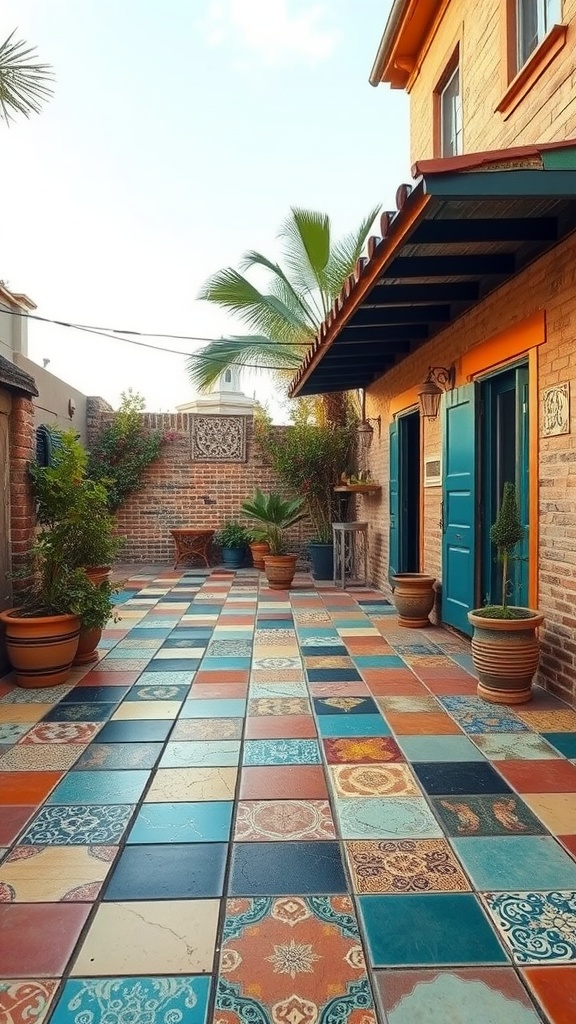 Colorful vintage tiles on a patio with plants and a cozy seating area.