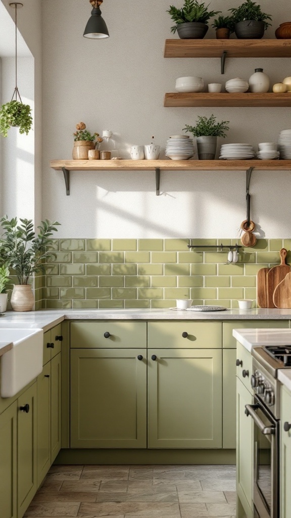 A kitchen featuring olive green glazed tiles with wooden shelves and plants.