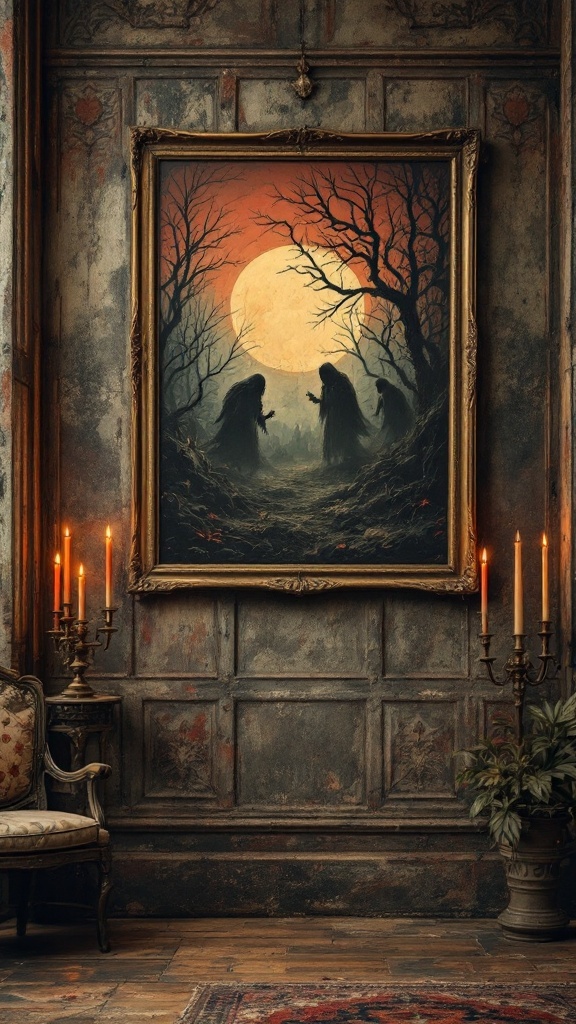 A dark, ominous artwork depicting shadowy figures in a forest with a full moon, surrounded by elegant decor and candles in a living room.