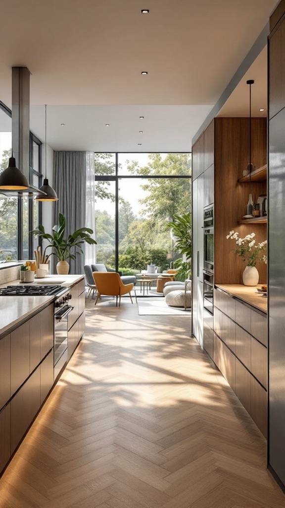 A modern kitchen with open concept design featuring wooden cabinets, large windows, and a cozy seating area.