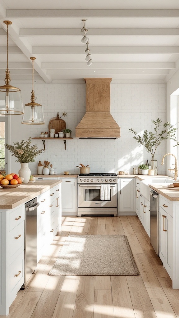 A beautiful farmhouse kitchen with an open layout, rustic wooden table, soft green walls, quartz countertops, and stylish hardware.