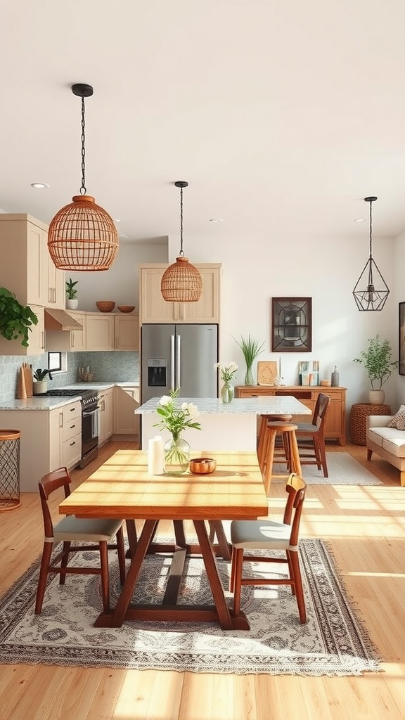 A bright and airy open concept kitchen with wooden furniture and boho decor.