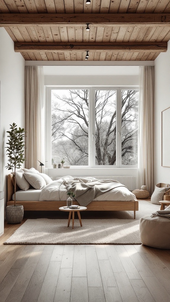 A Scandinavian bedroom with an open layout featuring a bed, reading nook, and large windows.