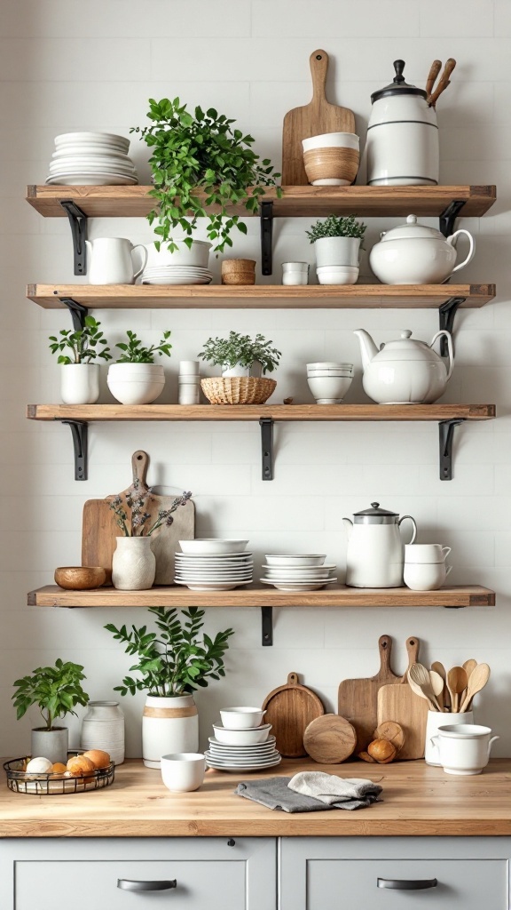 Open shelving in a farmhouse kitchen displaying white dishes, wooden utensils, and plants.