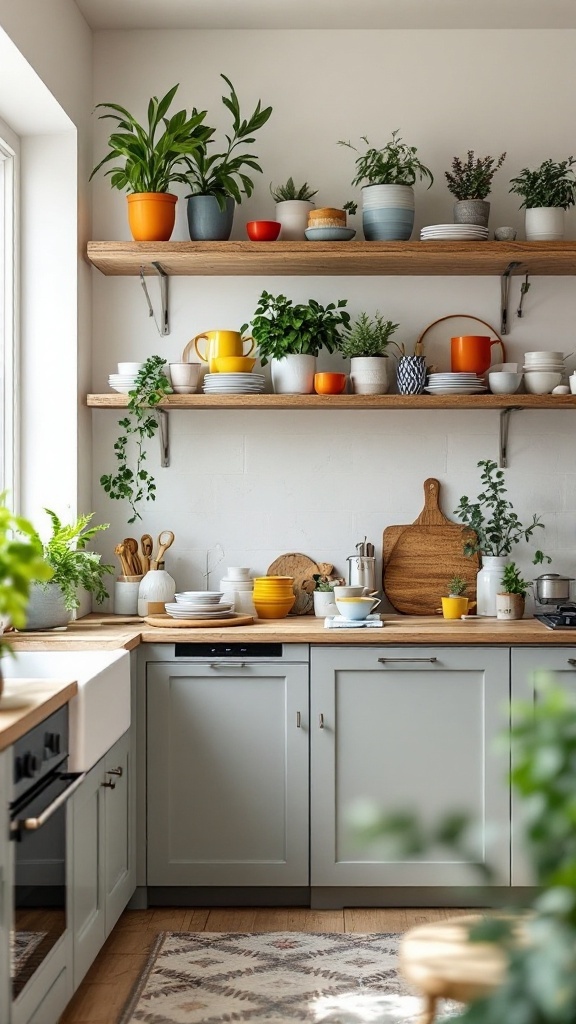 A kitchen with open shelving displaying plants and colorful dishware.