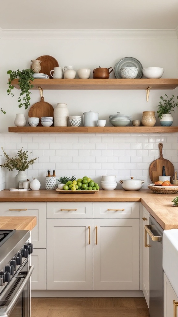 A cozy kitchen featuring open shelving with various dishes and plants, complemented by a butcher block countertop.