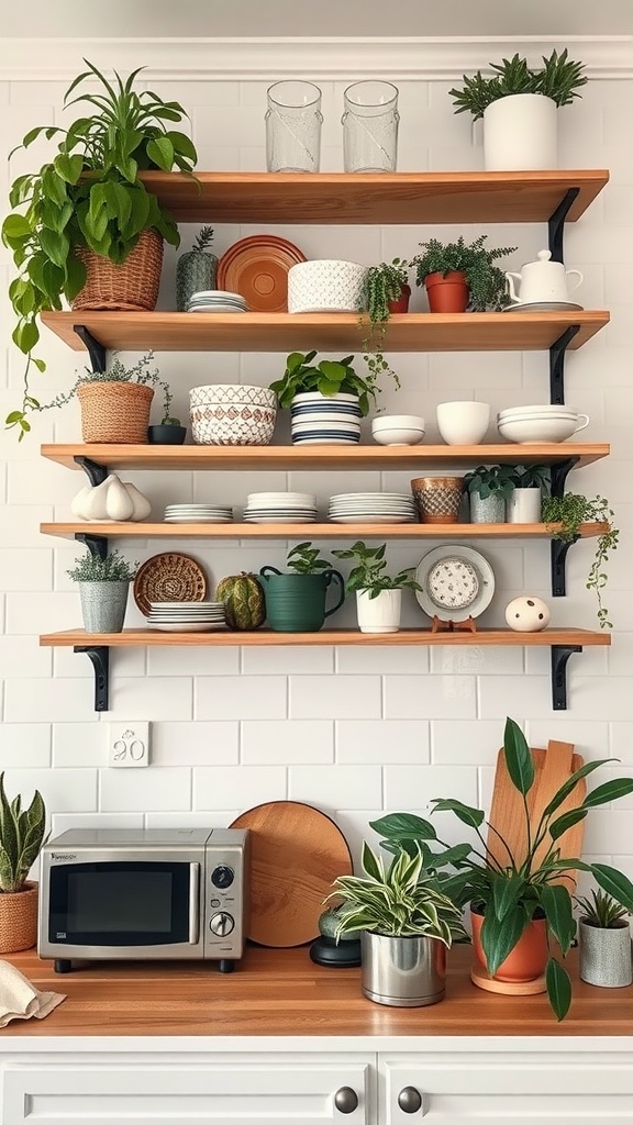 Open kitchen shelving filled with plates, cups, and various plants.