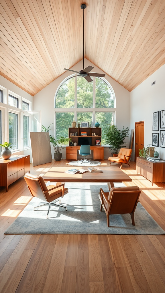 A bright and airy office space with wooden flooring and large windows.