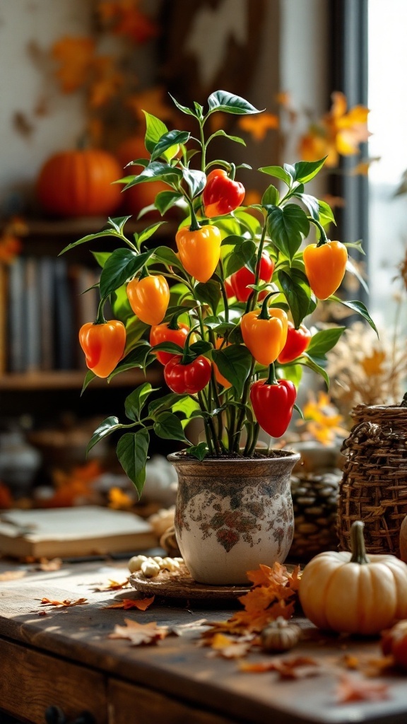 A colorful ornamental pepper plant with bright red and yellow peppers in a cozy home office setting.