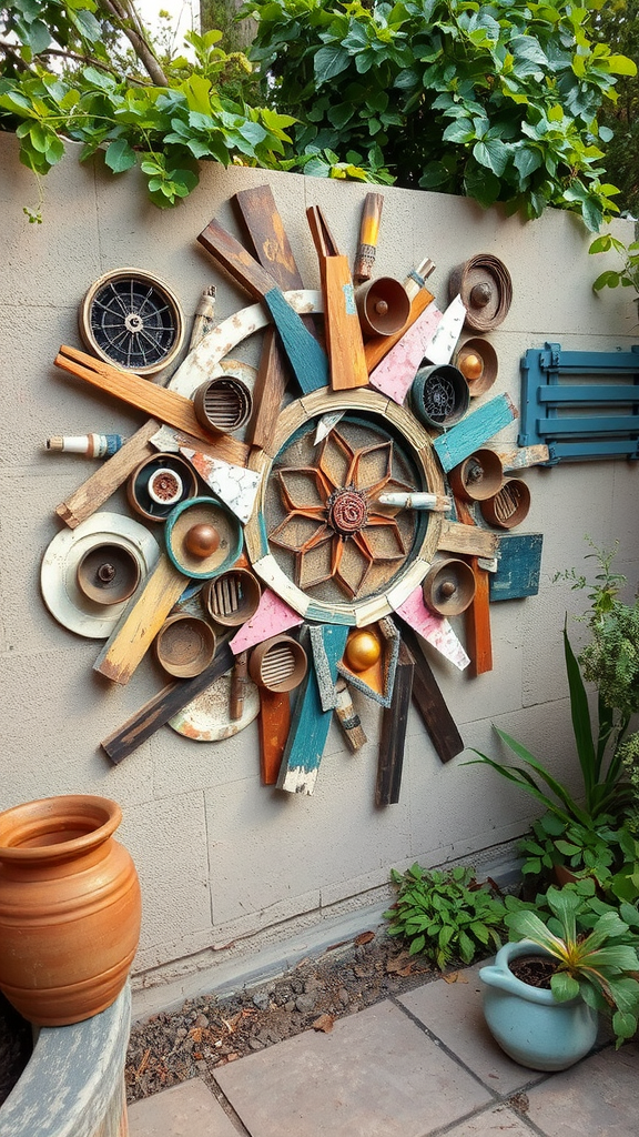 A creative outdoor wall art installation made from various materials.