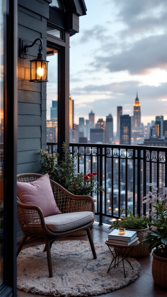 A cozy balcony reading area with a chair, candle, and city skyline view.