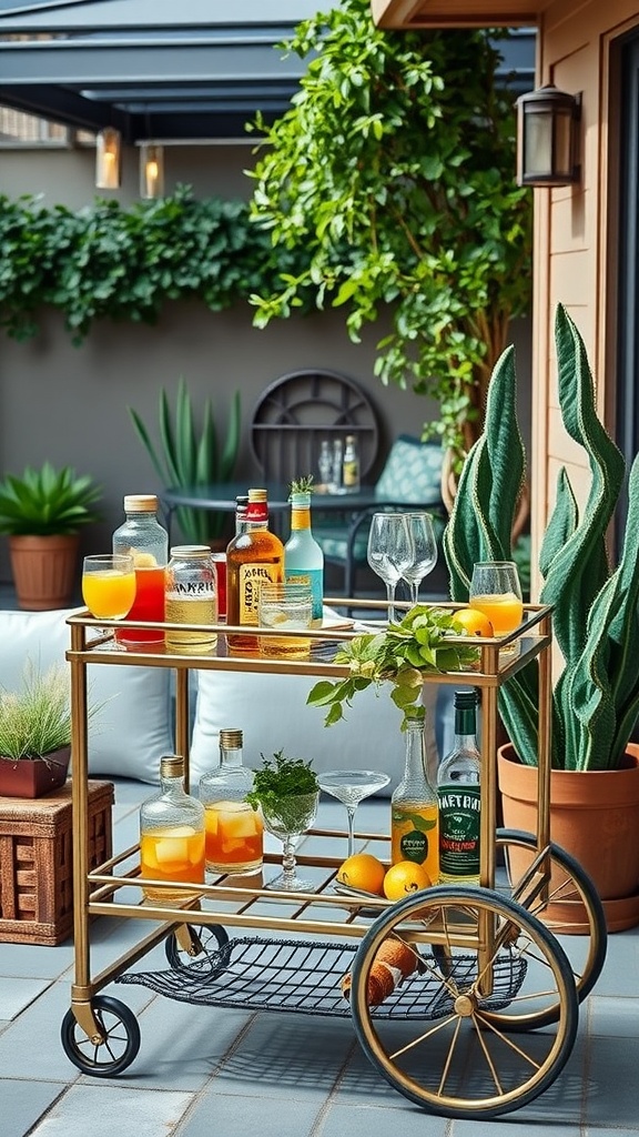 Stylish outdoor bar cart with drinks and garnishes on a patio