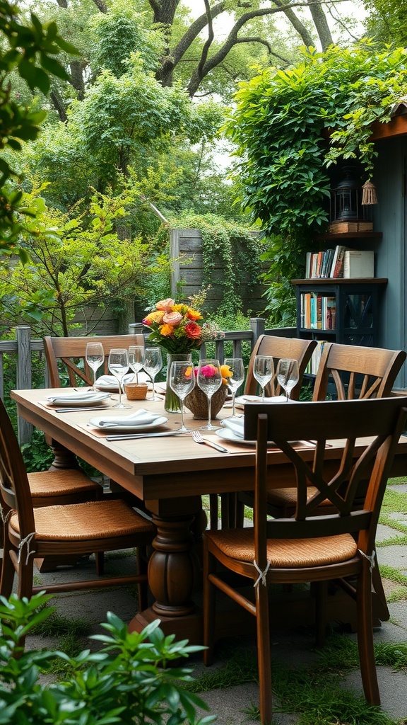 A cozy outdoor dining area with a wooden table, comfortable chairs, and a vibrant floral centerpiece surrounded by lush greenery.