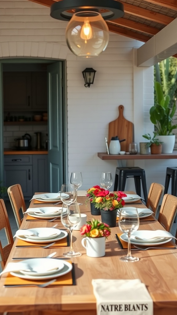 Outdoor dining table set up with plates and flowers in a modern kitchen space.