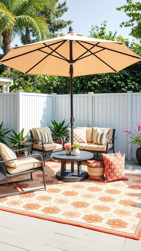 A cozy patio setup featuring an umbrella, comfortable seating, and a decorative outdoor rug.