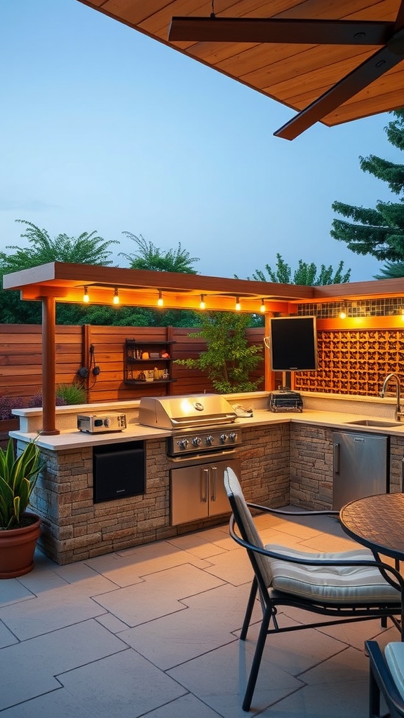 Outdoor kitchen with a sound system for entertainment.