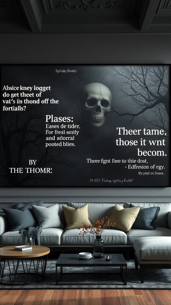 An oversized dark-themed artwork featuring a skull and eerie text on a wall in a stylish living room.