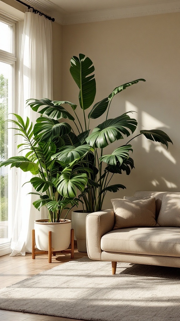 A bright living room featuring a large plant near a beige couch, illuminated by natural light.