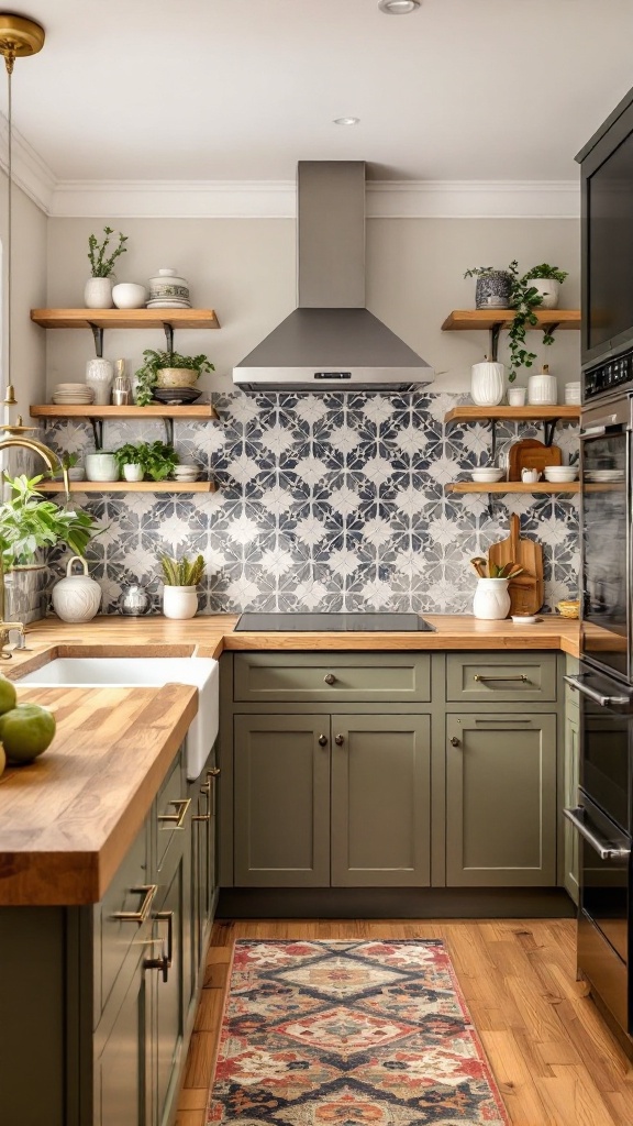 A cozy kitchen featuring a painted accent backsplash with floral patterns, green cabinets, and wooden shelves.