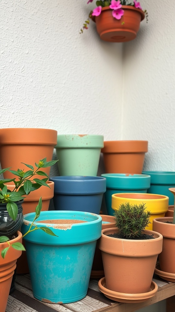 A collection of painted terracotta pots in various colors, some with plants.