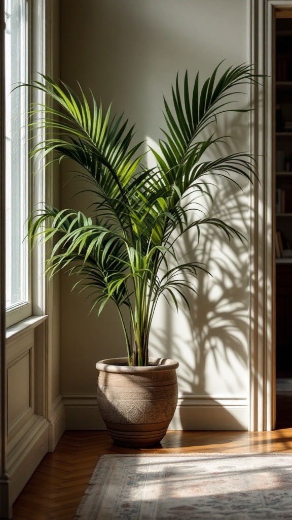 A Parlor Palm in a decorative pot near a window, casting soft shadows on the wall.