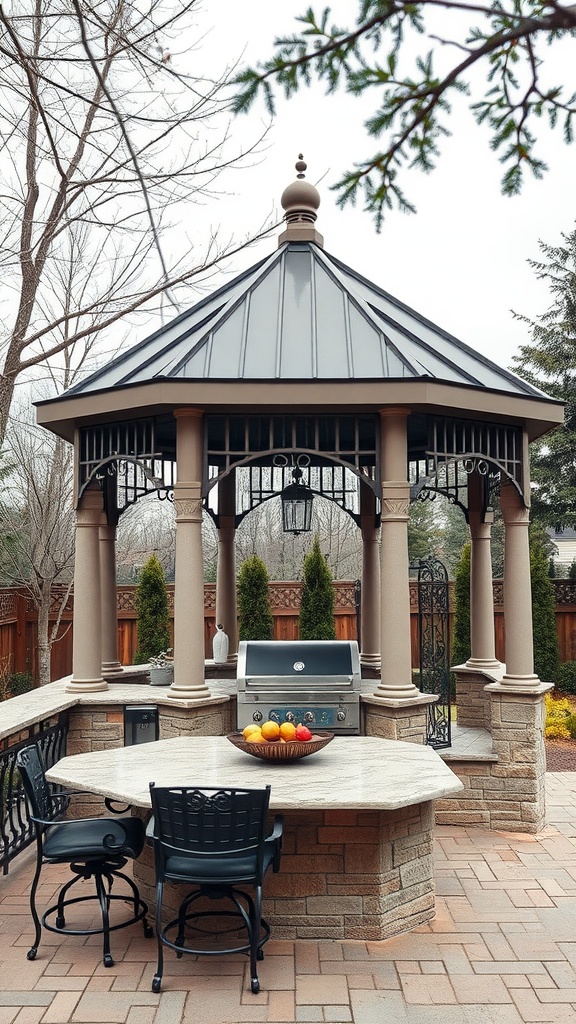 An outdoor kitchen featuring a stylish gazebo with a quartz countertop and bar area.