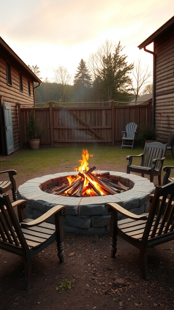 A cozy patio fire pit surrounded by wooden chairs, creating a rustic and inviting atmosphere.