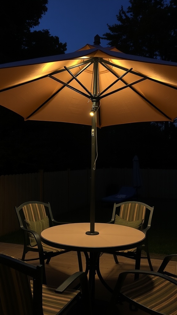 Patio umbrella with built-in lights illuminating a table and chairs at night.