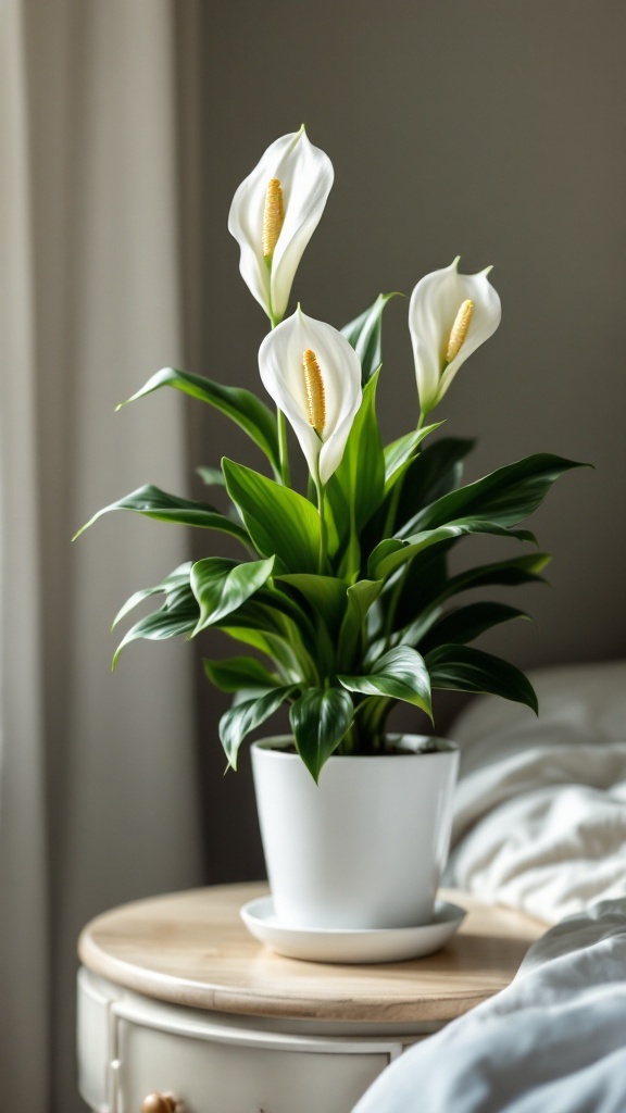 A Peace Lily plant with white blooms and green leaves on a bedside table