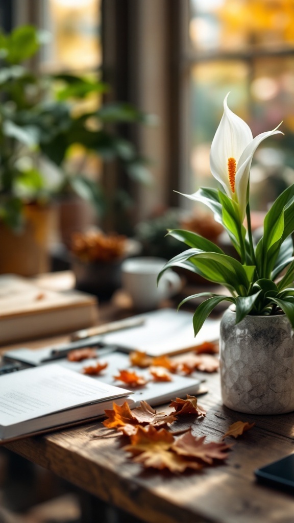 A Peace Lily plant in a cozy home office setting with autumn leaves scattered on a wooden desk.