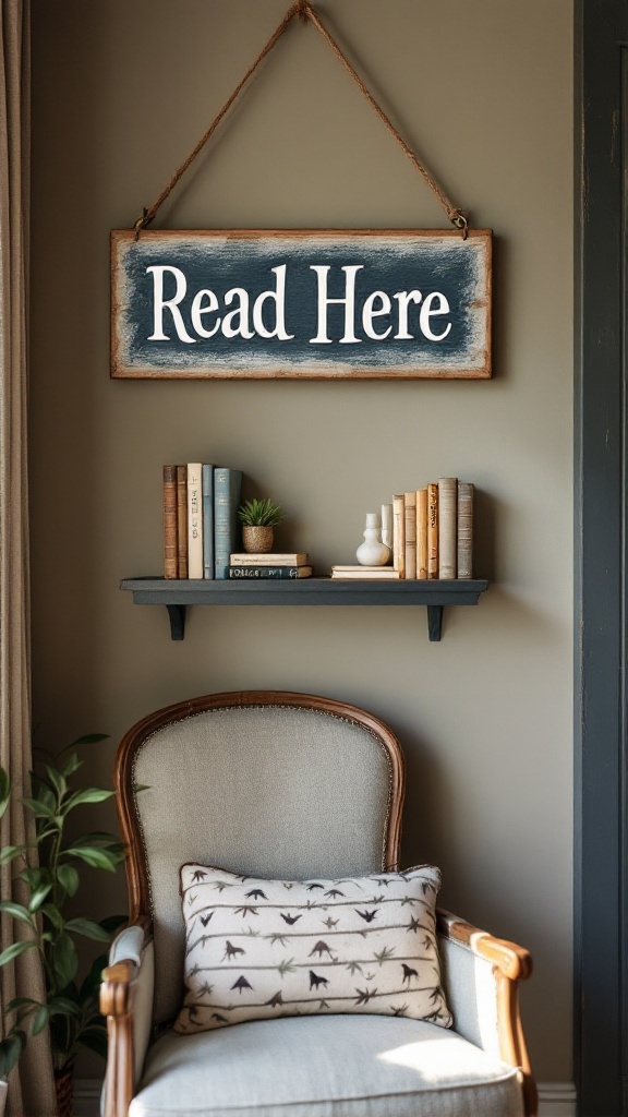 A sign that says 'Read Here' hangs above a shelf with books and a cozy chair.