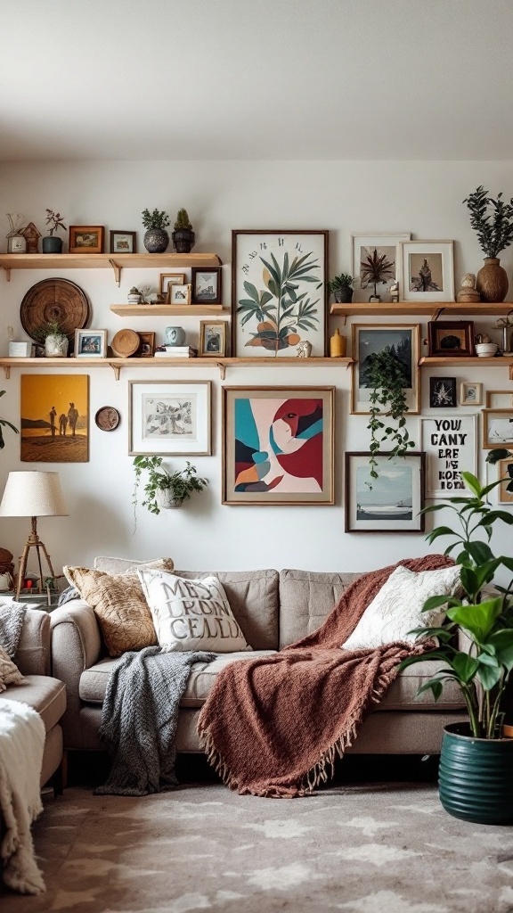 A cozy living room with a mix of framed artworks, plants, and comfortable furniture, showcasing personalized decor.