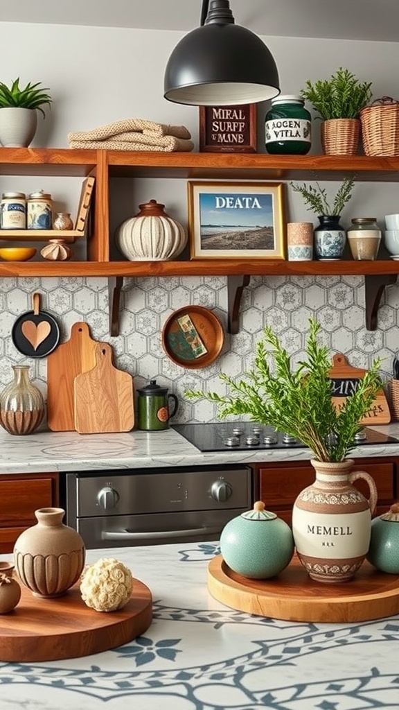 A stylish boho kitchen with personalized decor including pottery, plants, and framed pictures.