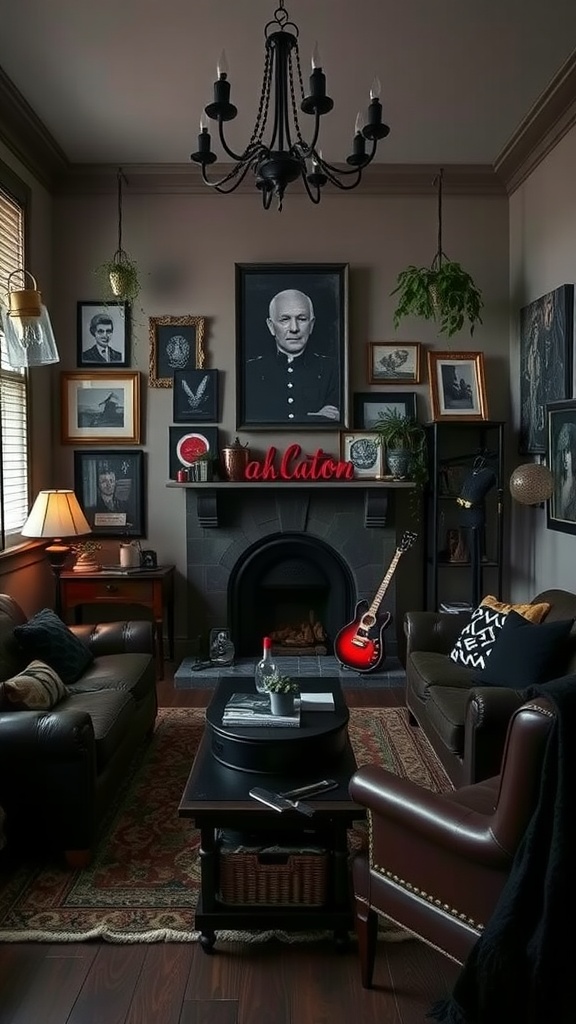 A gothic maximalism living room featuring dark tones, vintage portraits, and eclectic decor.