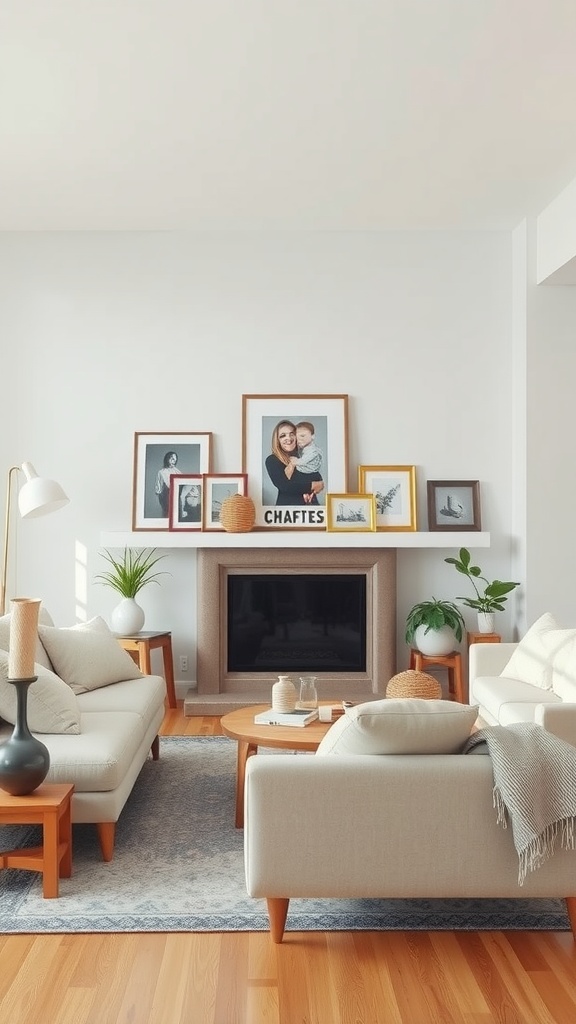 A modern minimal living room with neutral tones, featuring a fireplace and family photos.