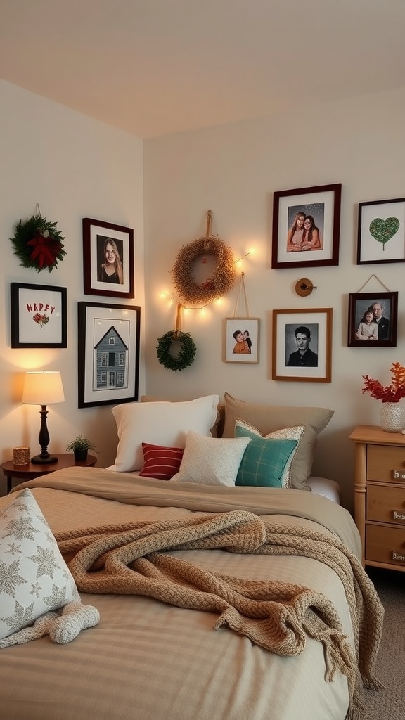 A cozy bedroom with framed photos on the walls, a warm throw blanket on the bed, and seasonal decorations.