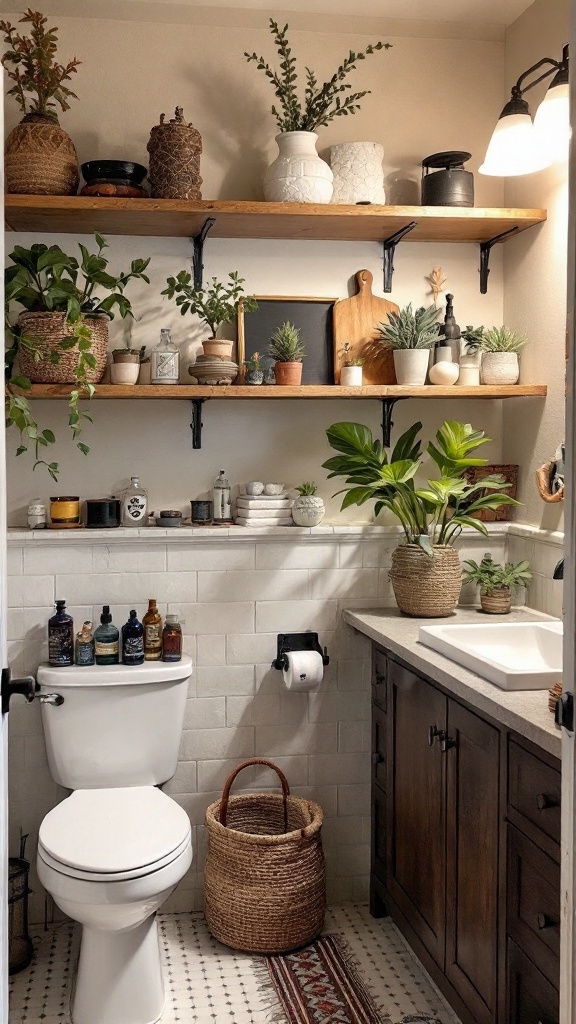 A stylish bathroom featuring personalized wooden shelving with plants and decorative items.