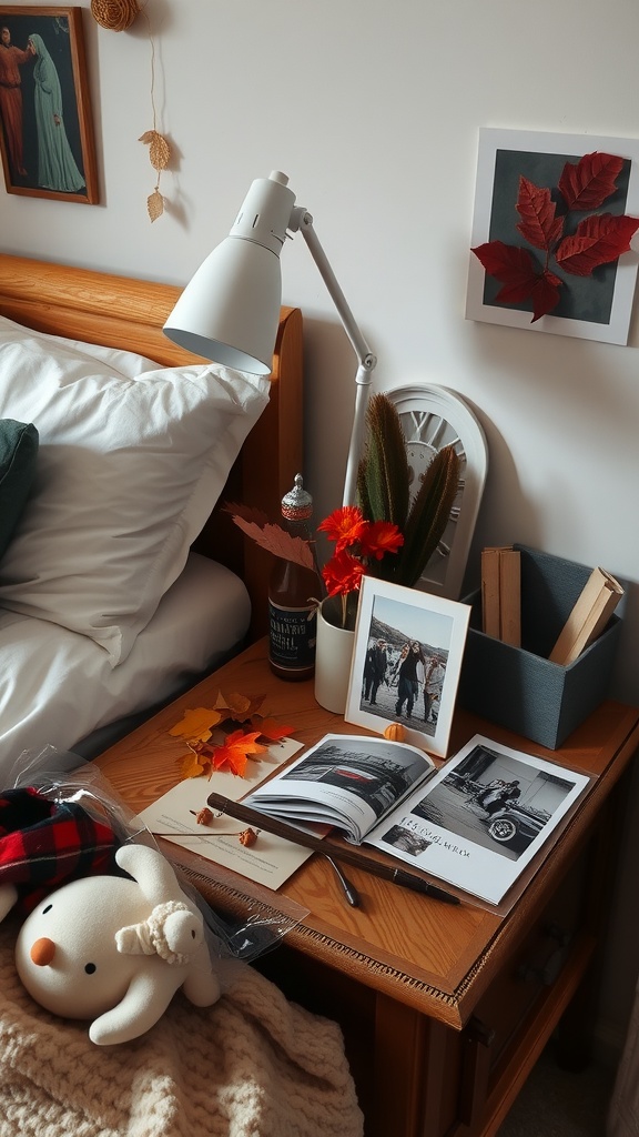 Cozy fall bedroom with personalized touches including photos, leaves, and plush decor.