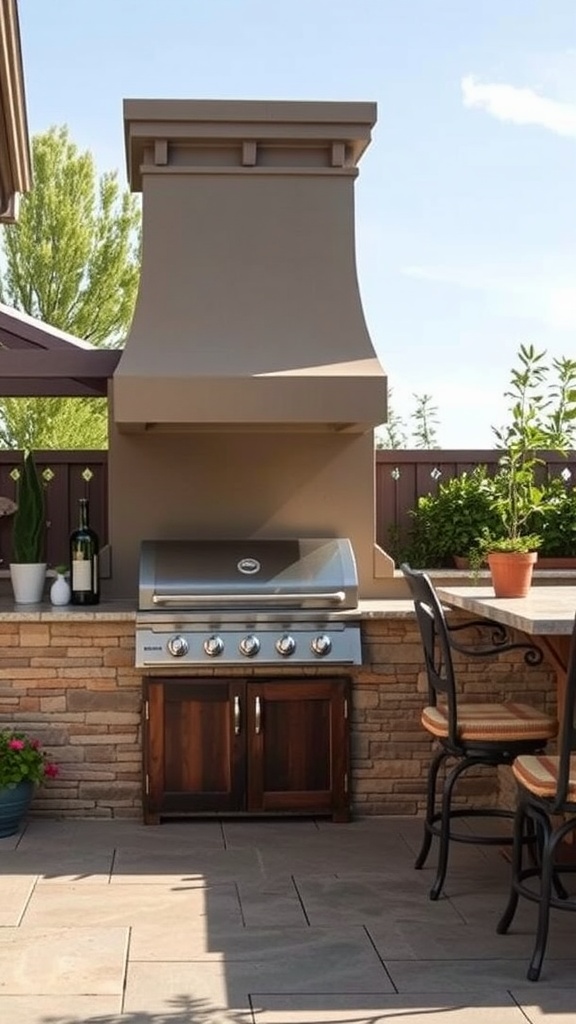 Outdoor kitchen featuring a modern layout with a grill, stone finish, and stylish bar area.