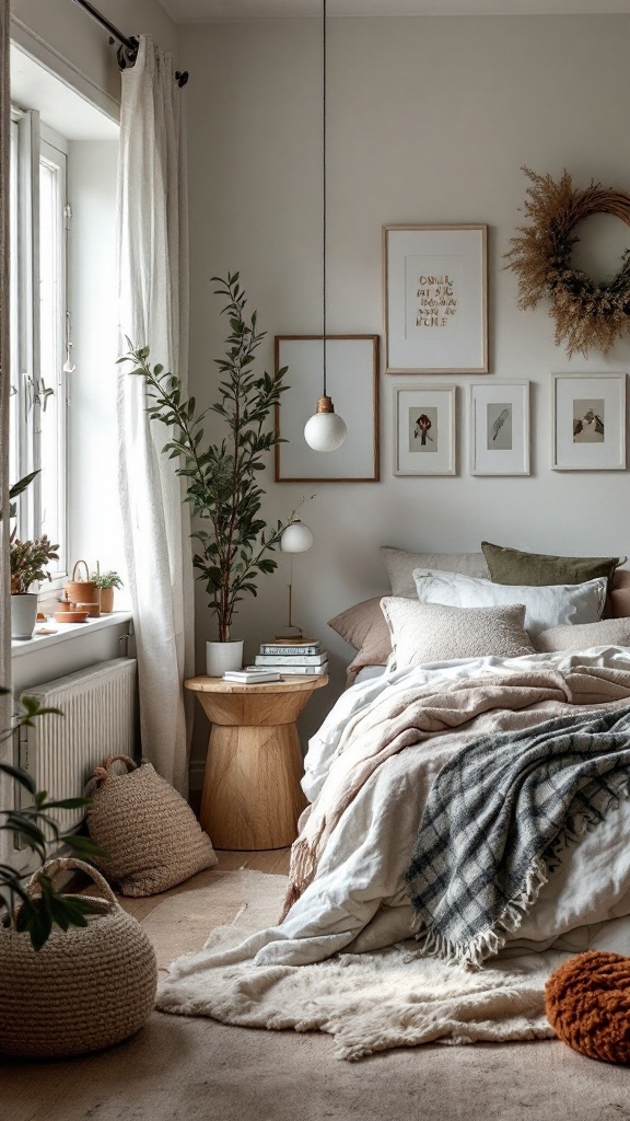 Cozy Scandinavian bedroom featuring plants, artwork, and textured throws.