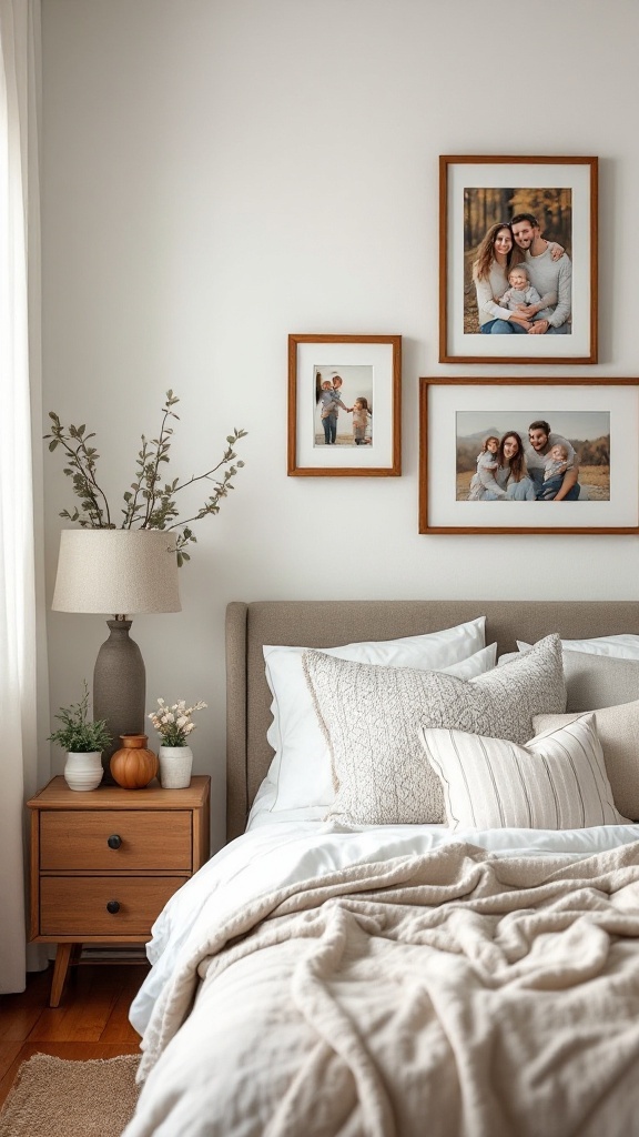 A cozy bedroom with family photos on the wall, soft bedding, and warm decor.