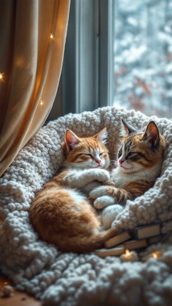 Two cats cuddling on a soft blanket near a window