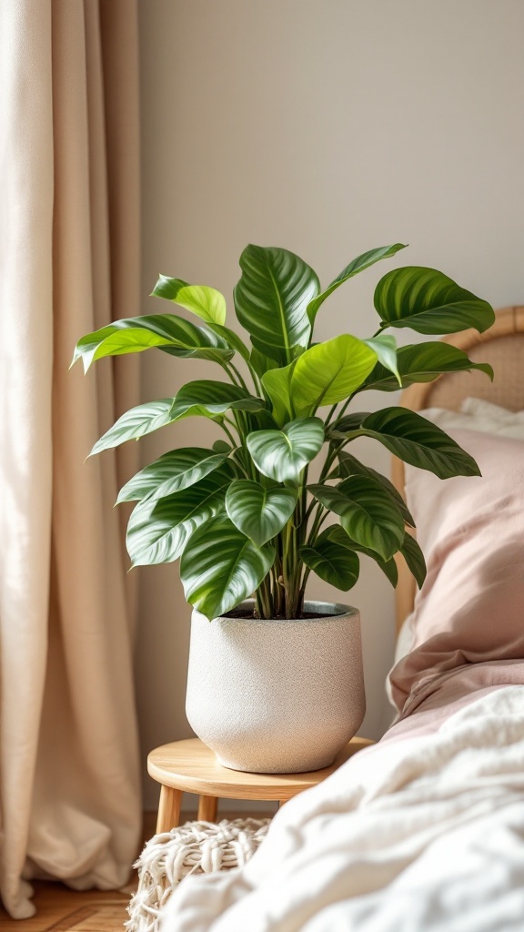 A Philodendron plant in a modern pot beside a bed