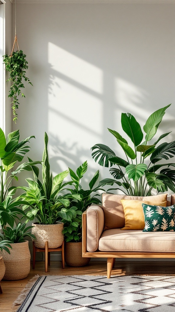 A cozy living room featuring various indoor plants in stylish pots, with a light sofa and colorful cushions.