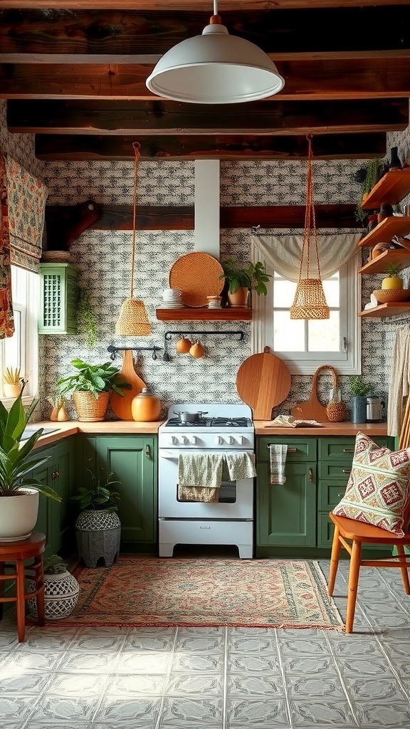 A cozy boho kitchen featuring playful patterns and a mix of textures.