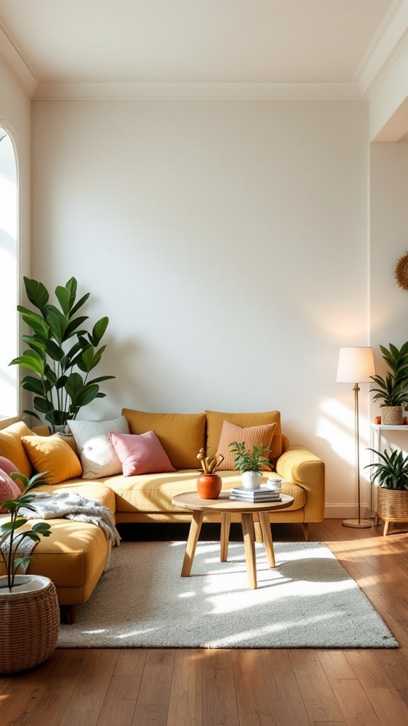 A bright and cozy living room with a yellow sofa, plants, and playful decor.