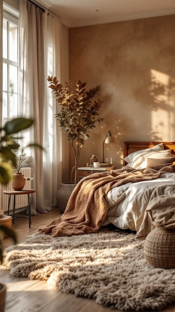 Cozy bedroom with a plush area rug, warm blankets, and natural decor.