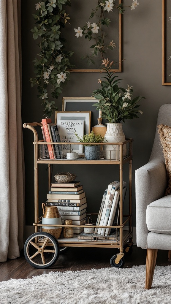 A stylish portable book cart filled with books and decorative items, set beside a cozy chair.