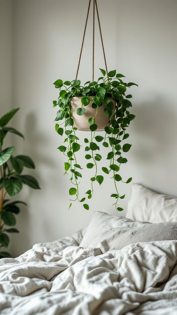 A lush green Pothos plant hanging above a cozy bed.